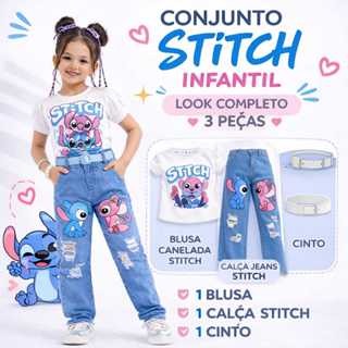 Conjunto Stitch Infantil Feminino 3 Peças Calça Jeans Blogueirinha + Blusa Stitch + Cinto em Oferta na Shopee