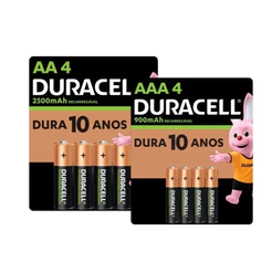 Kit Duracell Com 4 Pilhas Recarregáveis AA e 4 Pilhas Recarregáveis AAA