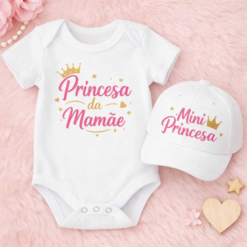Kit Bebê Menina Body + Boné Princesa Roupa Bebê Menina Personalizado Algodão Rosa Branco