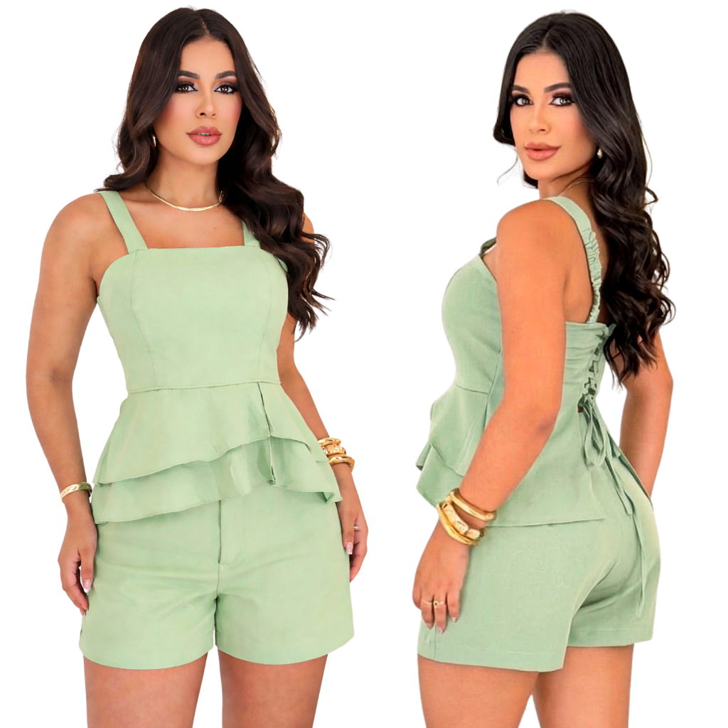 Conjunto Feminino Alfaiataria Short e Blusa Peplum Elegante Moda Casual Social Tendência — foto 4