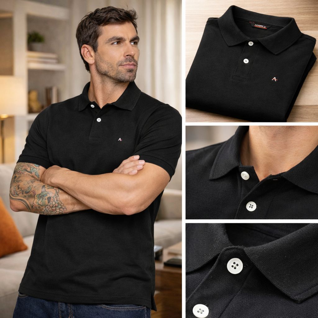Camisa Polo Social Preta Masculina Básica Algodão Premium Piquet Casual
