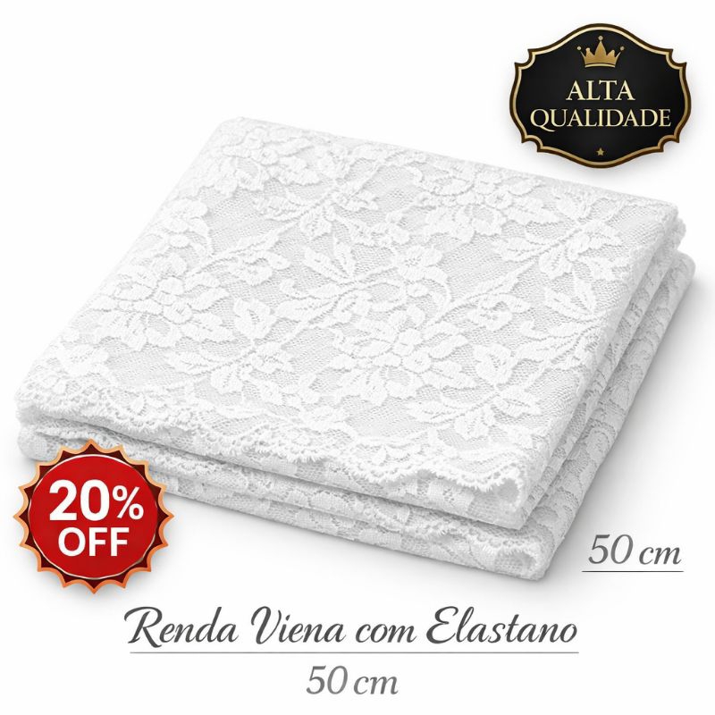 Renda Com Elastano Viena Branca - 50cm x 1,50m - 90% Poliamida, 10% Elastano - Alta Qualidade