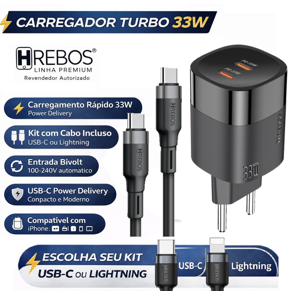 Carregador Turbo 33W Hrebos USB-C PD Ultra Rápido Bivolt Compacto 1 ou 2 Saídas Tipo C Original
