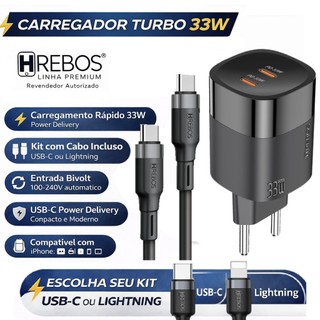 Carregador Turbo 33W Hrebos USB-C PD Ultra Rápido Bivolt Compacto 1 ou 2 Saídas Tipo C Original