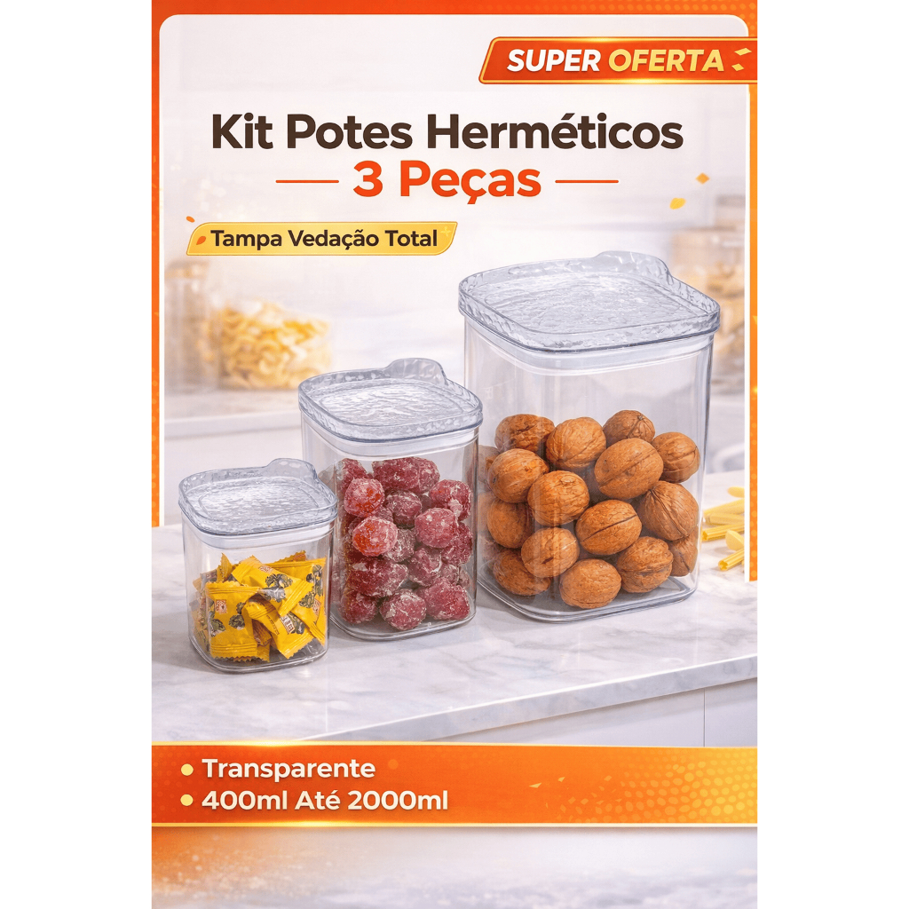 Kit Potes Herméticos 3 Peças Transparente Tampa Vedação Cozinha Mantimentos 400ml Até 2000ml