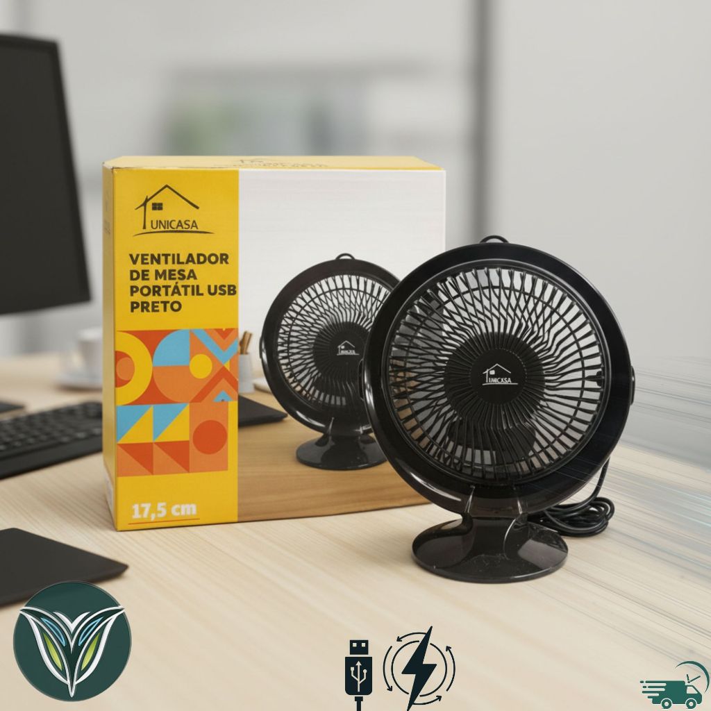 Mini Ventilador de Mesa Redondo Portátil com USB - Preto Unicasa Silencioso Redondo Portatil Premium Camping Carro