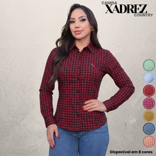 Camisa Xadrez Feminina Social Colarinho Manga Longa 100% Algodão Costura Premuim Alta Qualidade em Oferta na Shopee