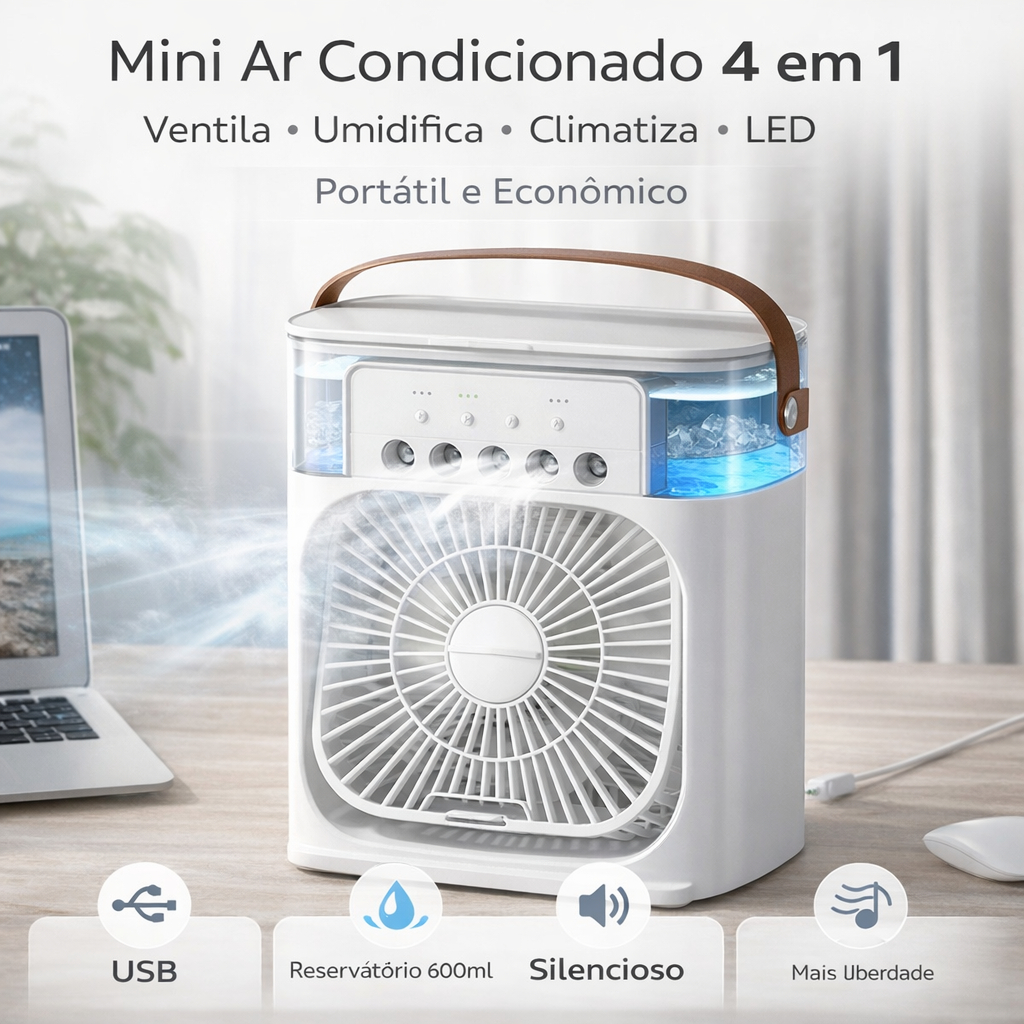 Mini Ar Condicionado Climatizador Umidificador Ventilador Portátil USB Led Quarto Sala Escritório Mesa Reservatório