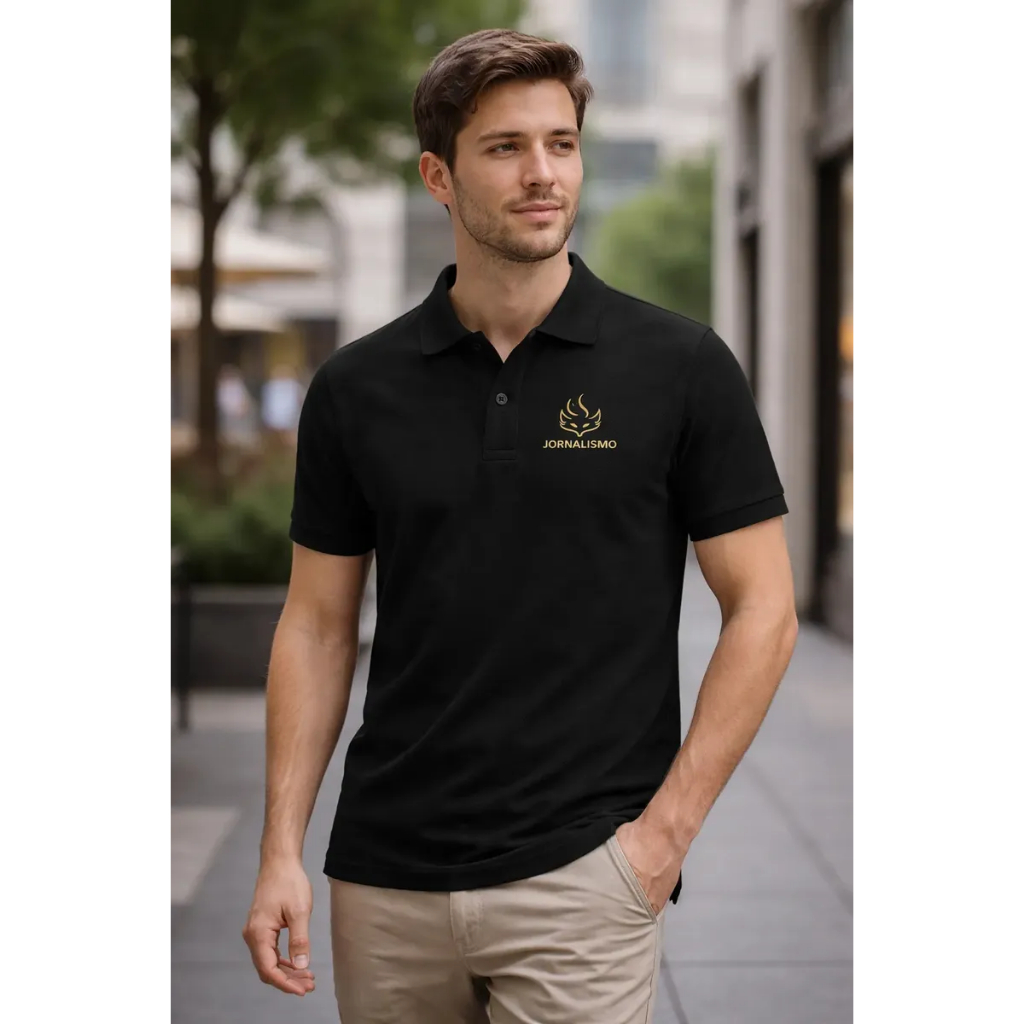 Camiseta Pólo Jornalismo Masculina em Piquet Estampa em Silk Screen Exclusiva