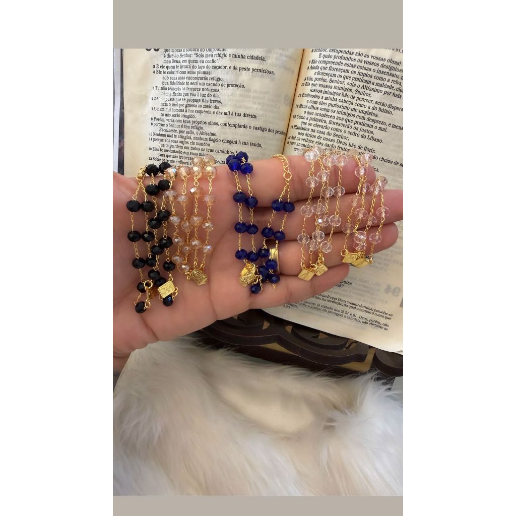 Pulseira Escapulário de Cristal Nossa Senhora Aparecida Coração de Jesus Folheada Fé Devoção