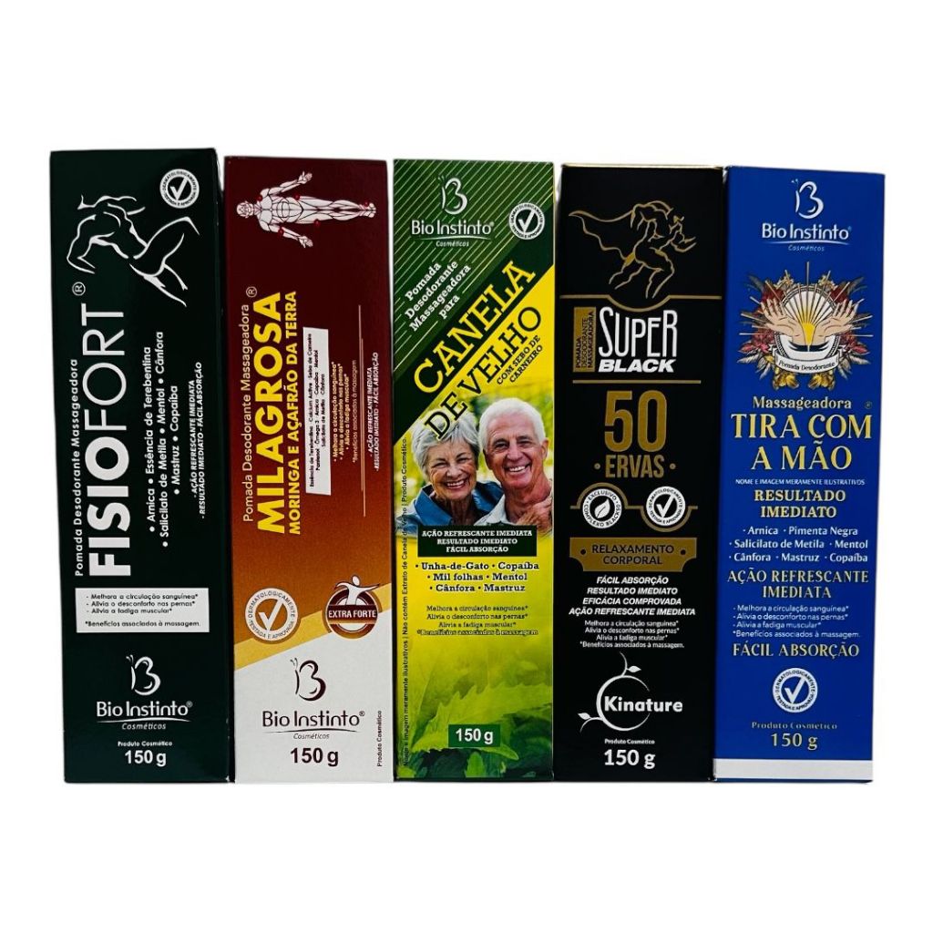 Kit 5 Pomadas Bio Instinto 150g Canela de Velho Fisiofort Milagrosa Super Black Tira com a Mão Original - Envio Rápido