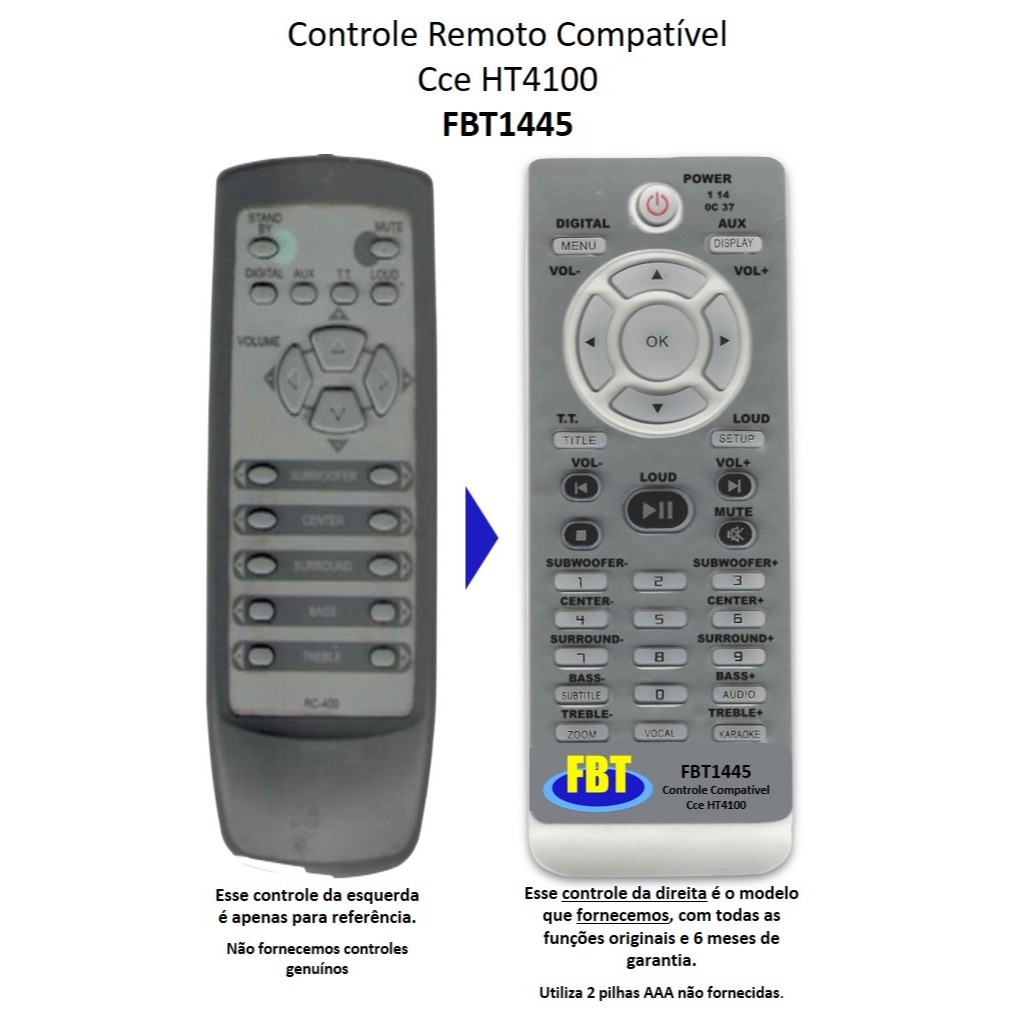Controle Remoto Compatível CCE HARMAN HT400 RC400 401 FBT1445