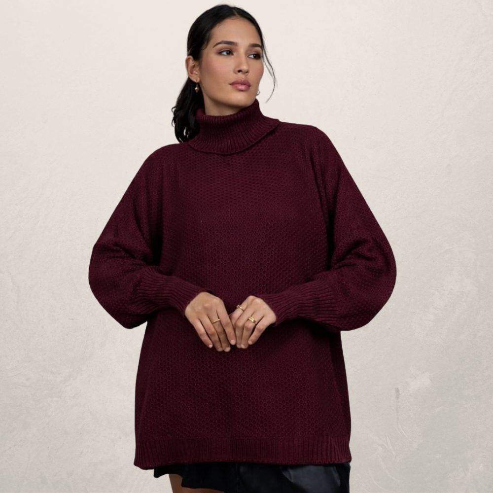 Poncho de Tricot Capa Blusa Suéter de Lã Feminina Gola Alta Inverno Manga Longa texturizada Elegante