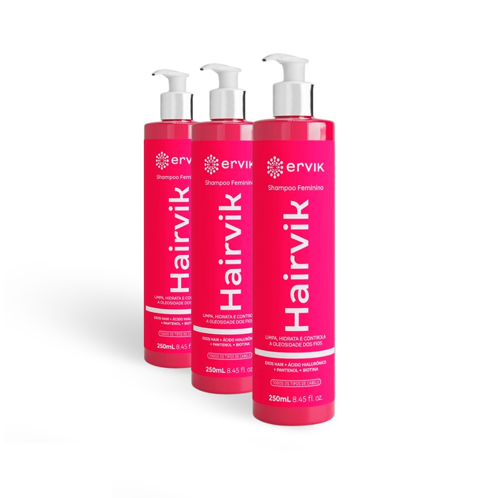 3 Shampoo Antiqueda Engrossador 250ml Hairvik Estimulante Contra Quedas