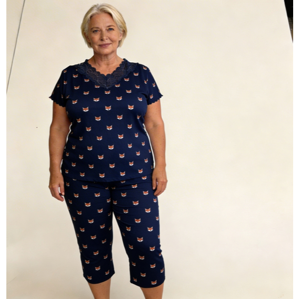 Pijama Pescador Feminino Conjunto Blusa Manga Curta e Calça Pantacourt Confortável Dia a Dia — imagem 2 de 2
