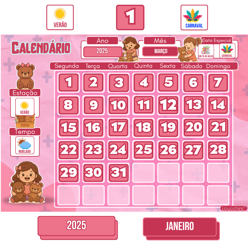 Calendário Magnético Infantil Tema Ursinho para Rotina e Aprendizado das Crianças