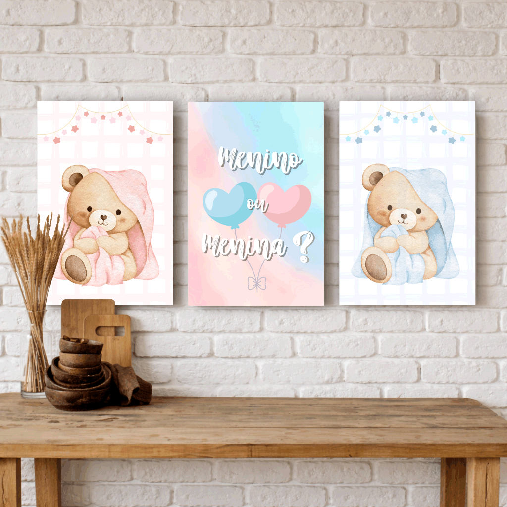 Quadro decorativo chá revelação ursinhos rosa azul menino ou menina decoração para festa gravidez