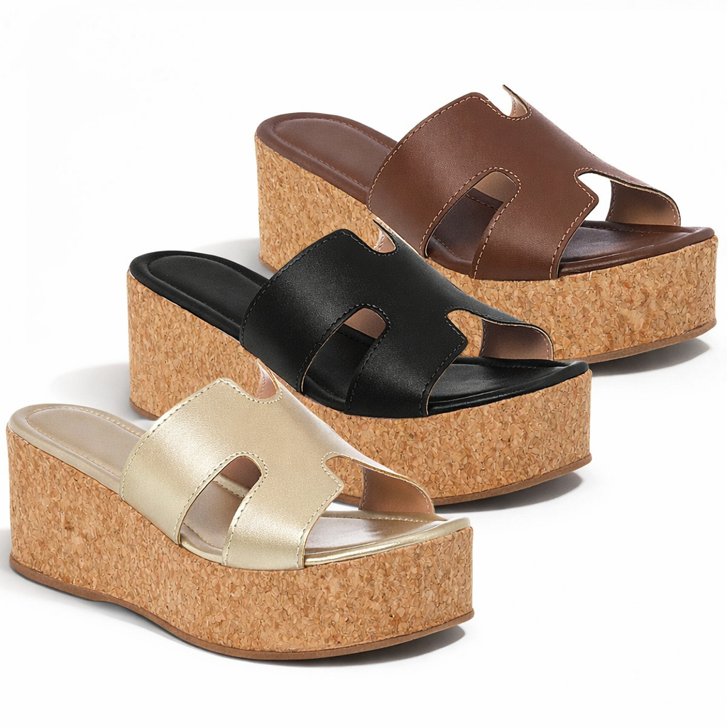 Sandália Feminina Plataforma Tamanco Cortiça Anabela Confortável Casual Verão Elegante Promoção