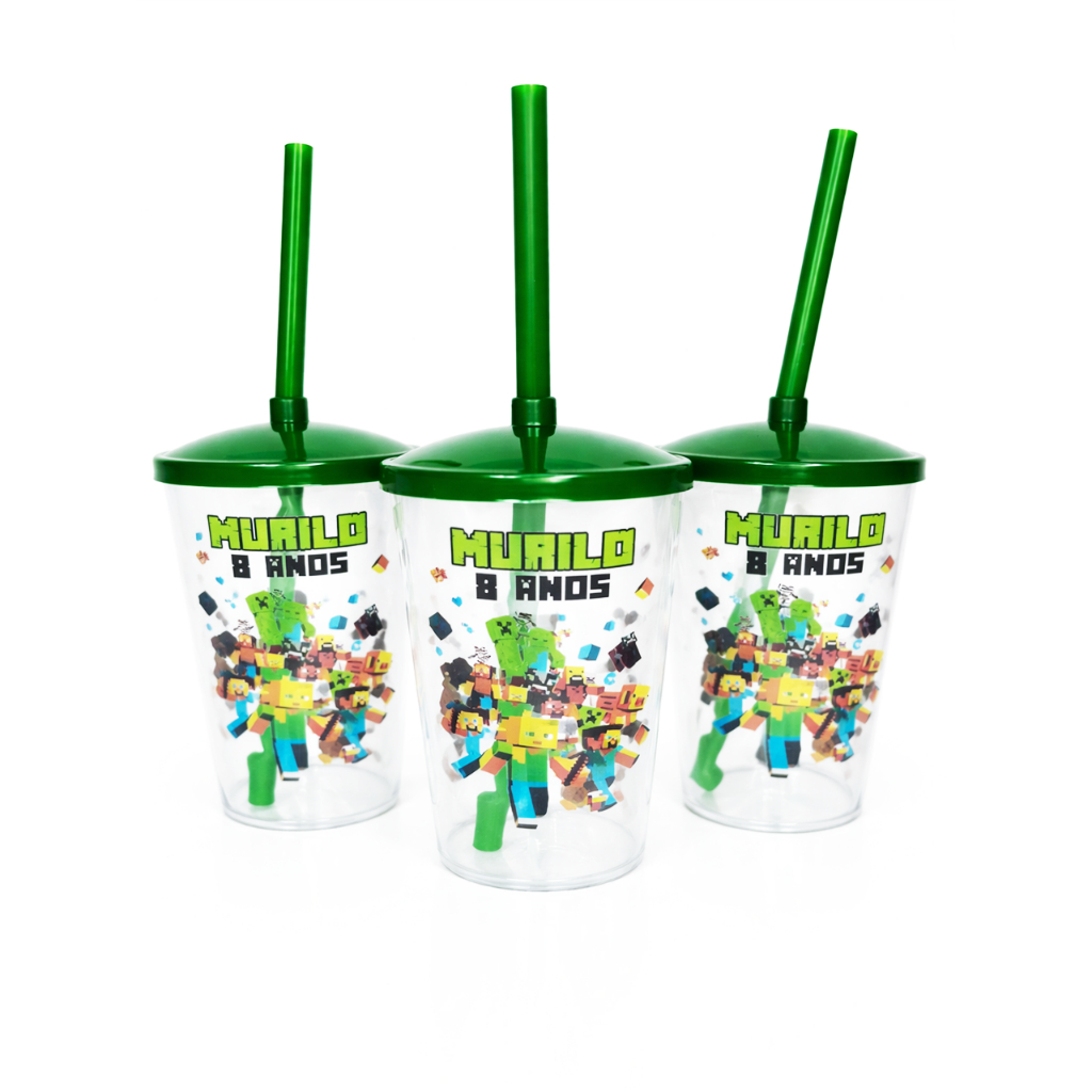 Copos Twister Shake C/ Tampa e C/ Canudo Personalizado FESTA JOGO MINECRAFT