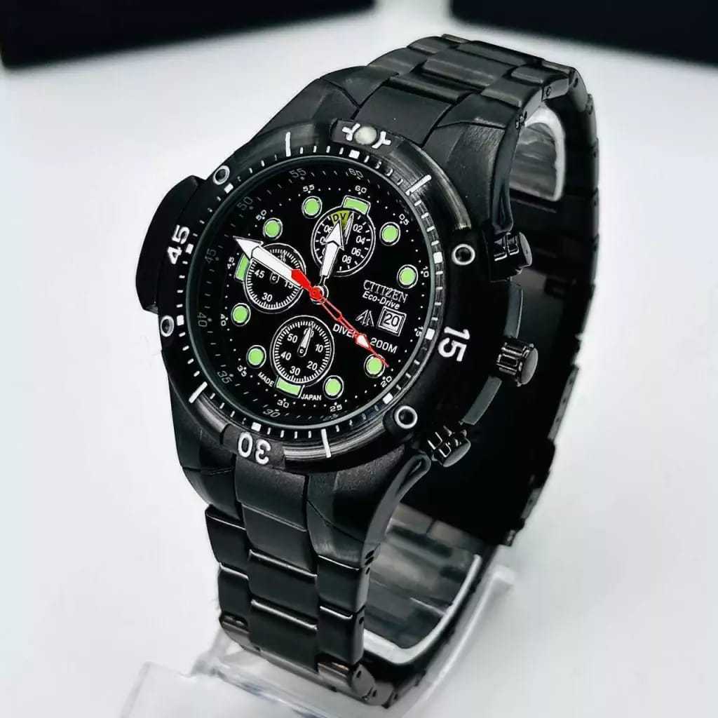 Relógio Aqualand Eco-Drive All Black Preto Fundo Preto Pro-Master Pulseira de Aço Preto