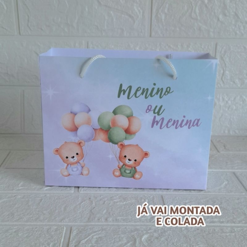 Sacolinha Personalizada Chá Revelação Ursinho lilás e verde ( já vai montada) Lembrancinha |Aniversário |Festa Infantil