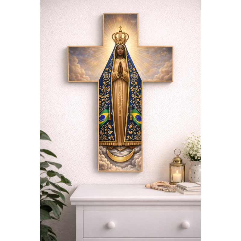 Quadro placa Cruz Nossa Senhora Aparecida MDF Premium Dourado Decorativo Religioso Católico Parede