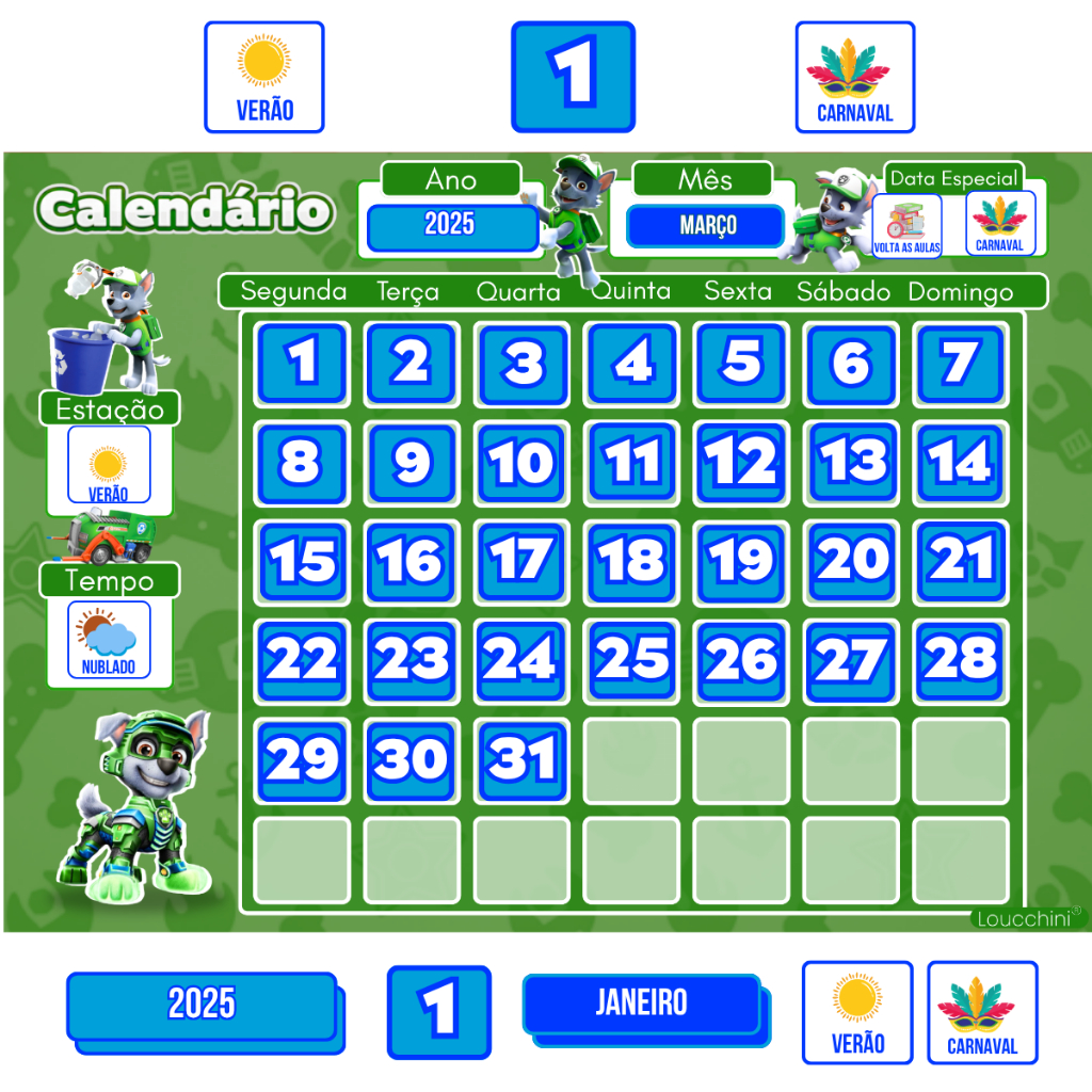Calendário Infantil Educativo Tema Rocky Patrulha Canina para Organização Fácil
