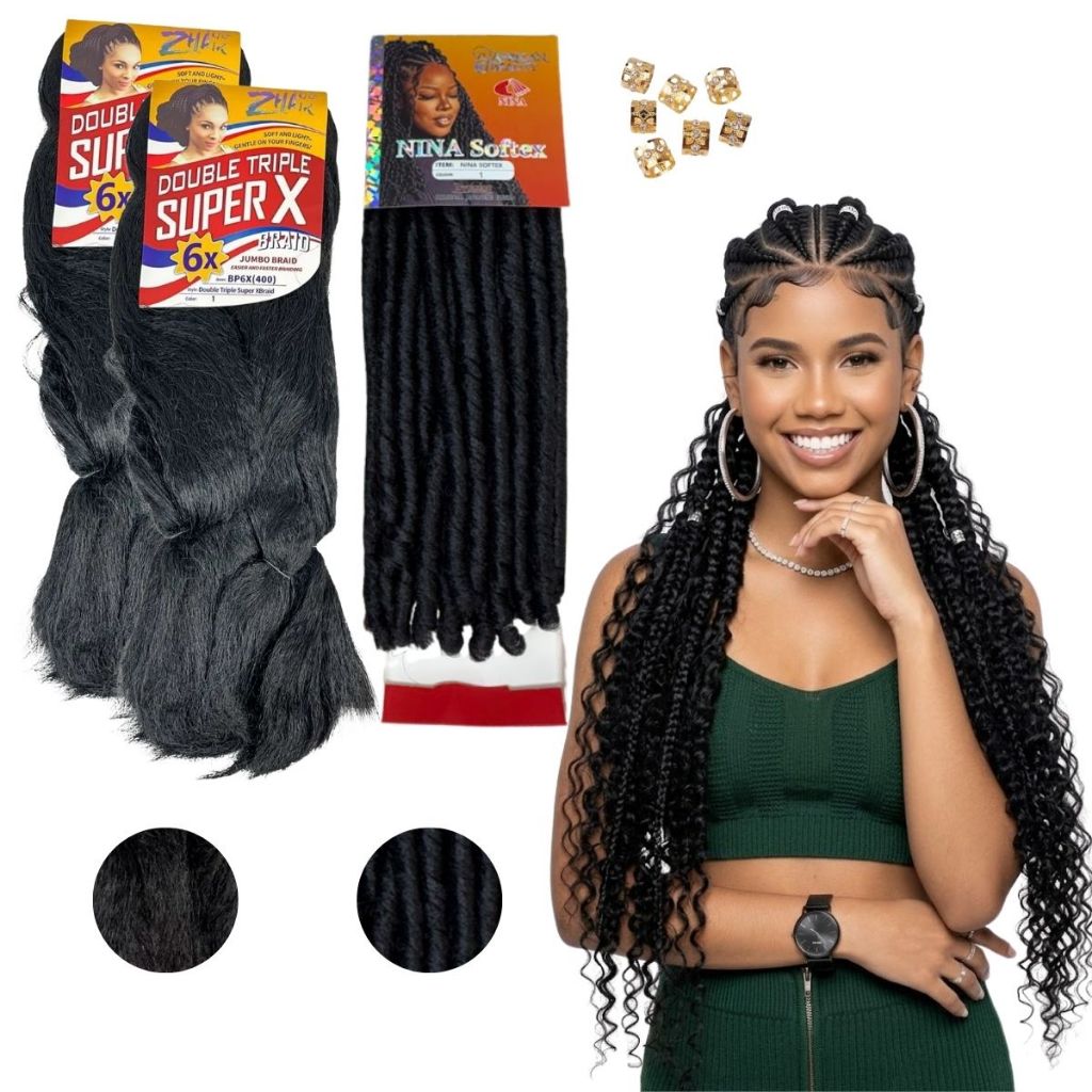 Kit 3 Cabelos Gypsy Braid Fulani Nina Soltex + Jumbão Trança Box Braid+ Anéis