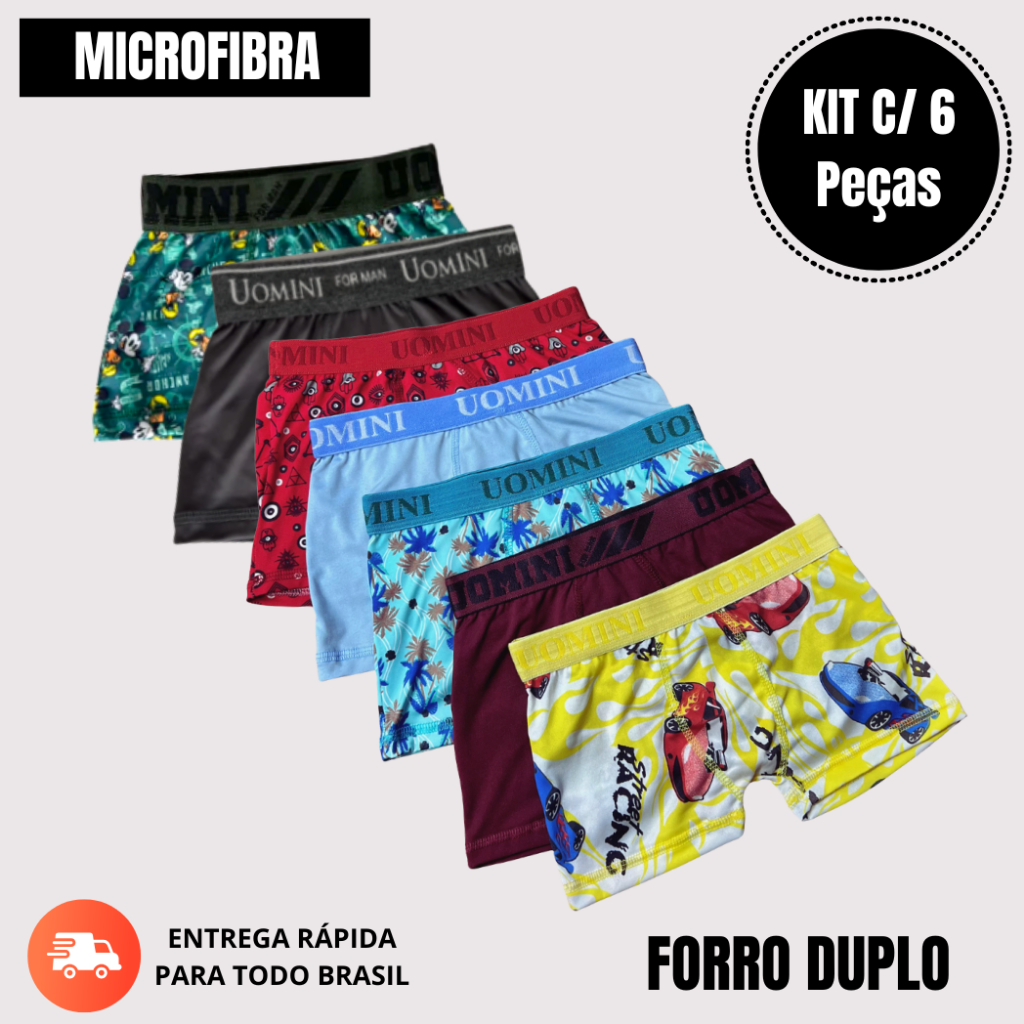 Kit 6 Cuecas Boxer Infantil Masculino Microfibra Confortável