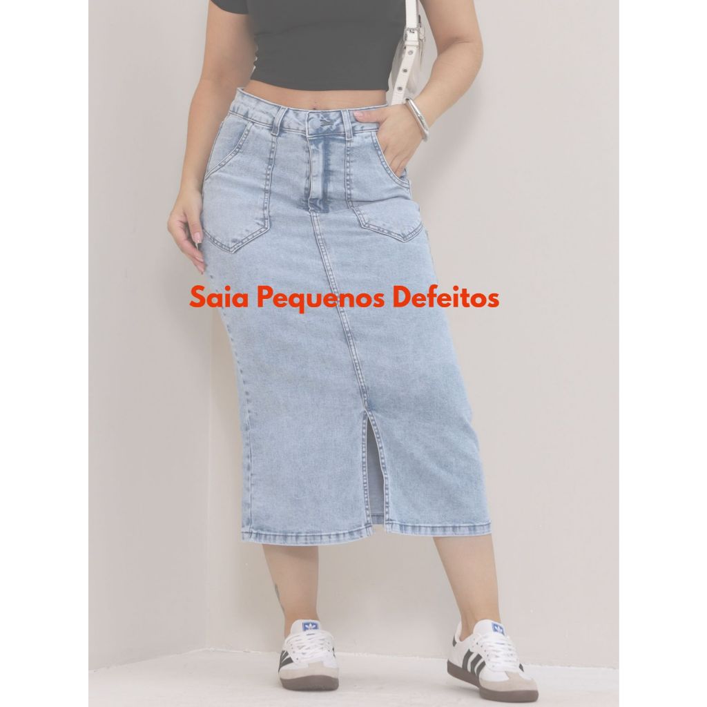 Saia Midi Lápis Jeans Com Pequenos Defeitos Avarias Com Lycra