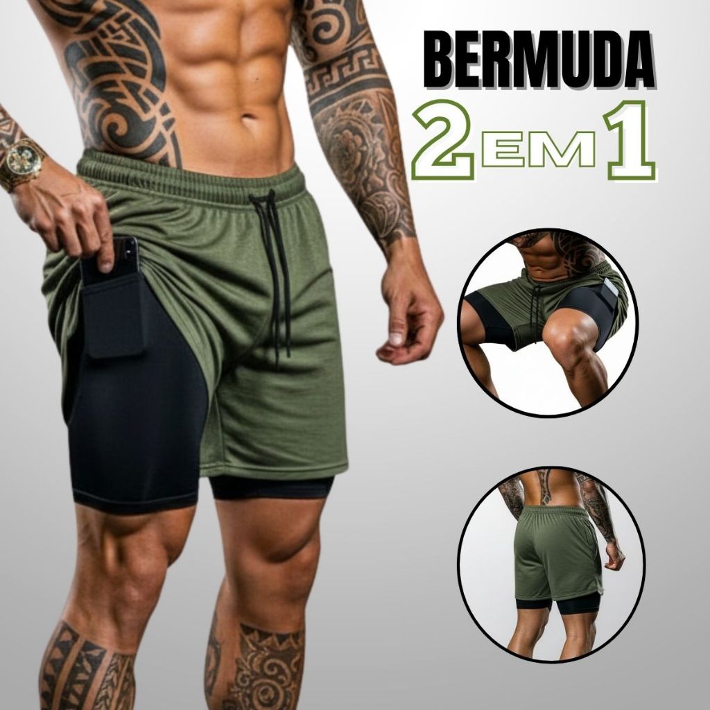 Shorts 2 Em 1 Masculino Para Treinar Musculação Bermuda Dupla Dry Fit