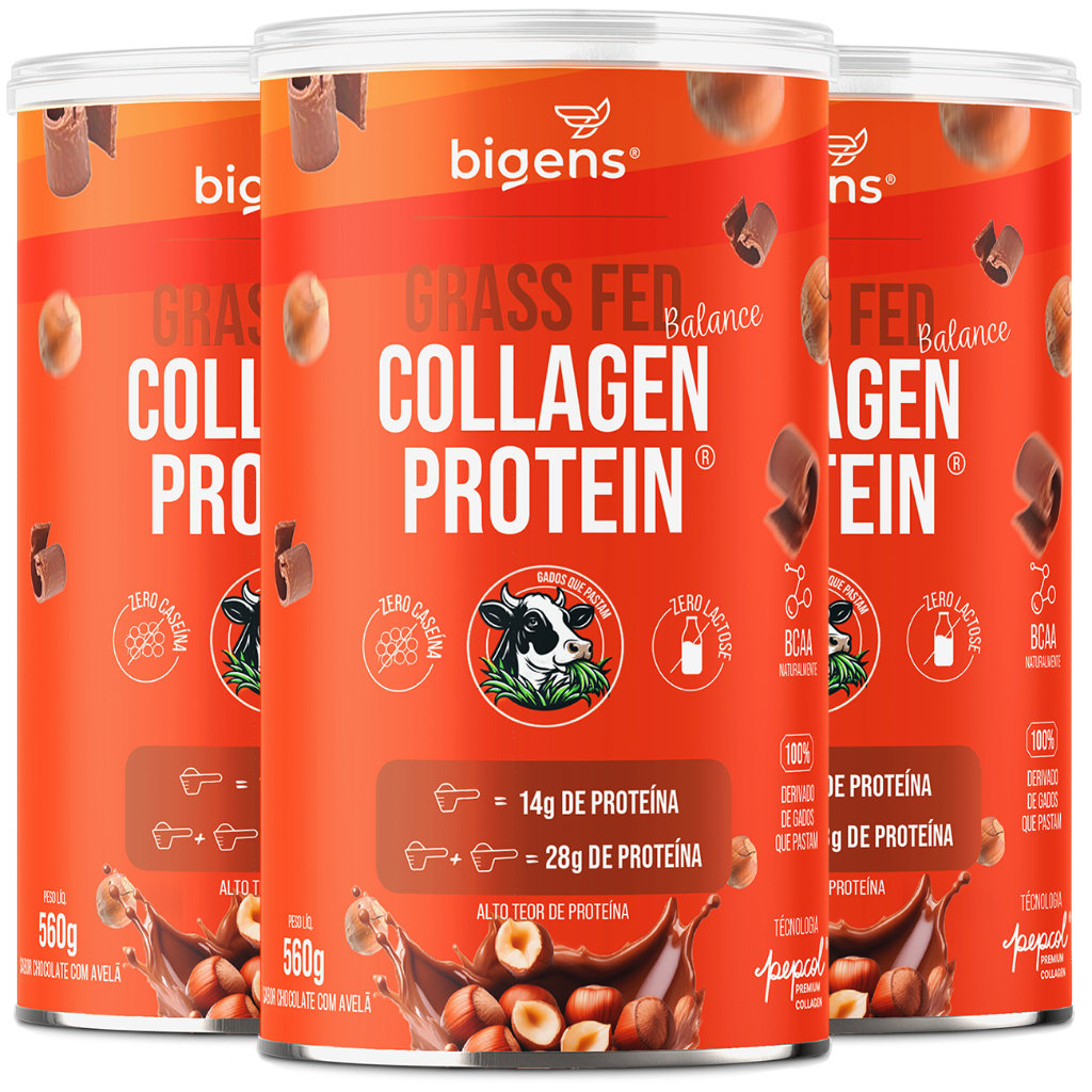 Kit 3x Grass Fed Balance Collagen Protein® 28g Proteína | Colágeno Pepcol®| Chocolate Avelã | 560g Bigens