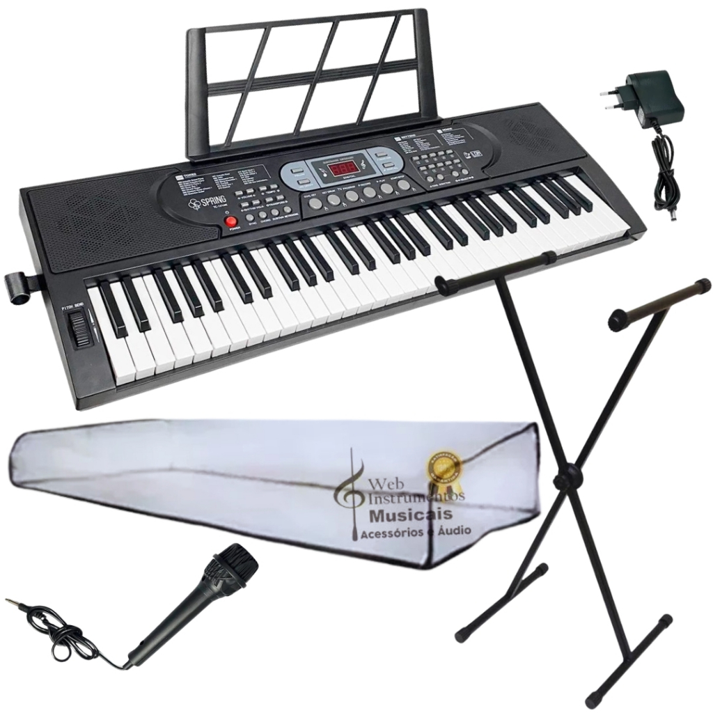 Teclado Musical 61 Teclas Spring Tc-161MK+ Microfone+ Suporte X+ Capa Cristal