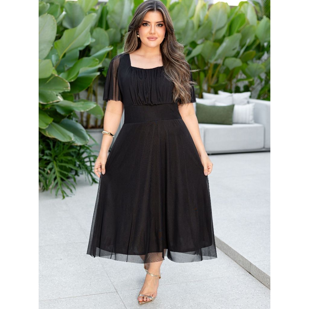 VESTIDO MIDI EM TULE MANGA FLER FORRADO MODA FEMENINO E EVANGELICO