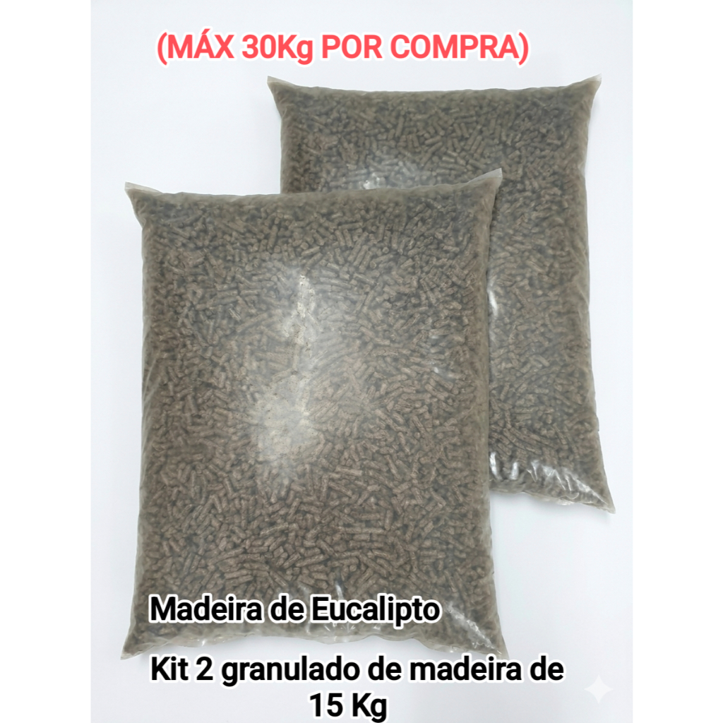 Kit 2 Un Granulado Higiênico de Madeira de Eucalipto para Gatos e Roedores Biodegradável 15 Kg (Máx 30 Kg Por Compra)