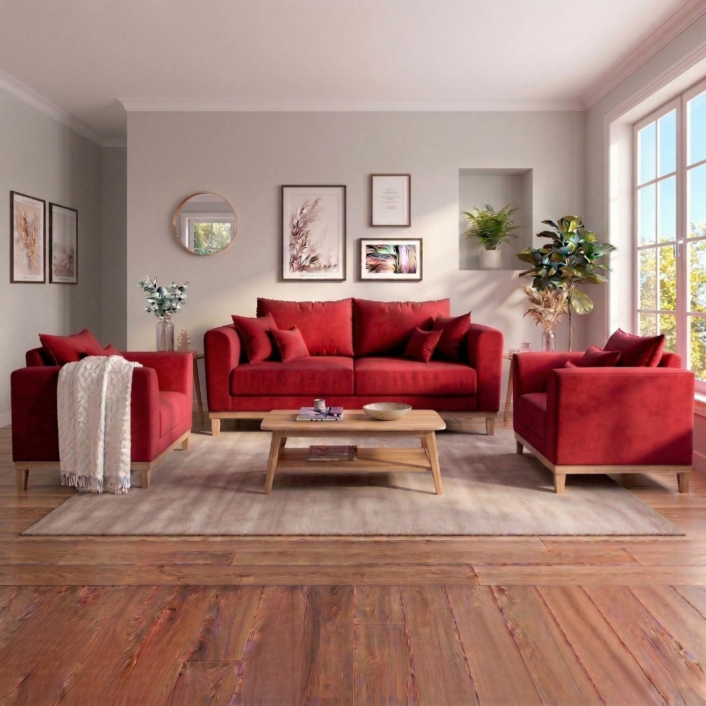 Kit Sofá 3 Lugares e Poltronas Sala de Estar Beny Suede Vermelho Madeira Estofados