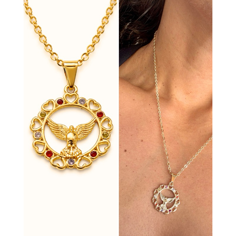 Colar Feminino Com Pingente Espírito Santo Zircônias Folheado a Ouro 18k Antialérgico Com Garantia