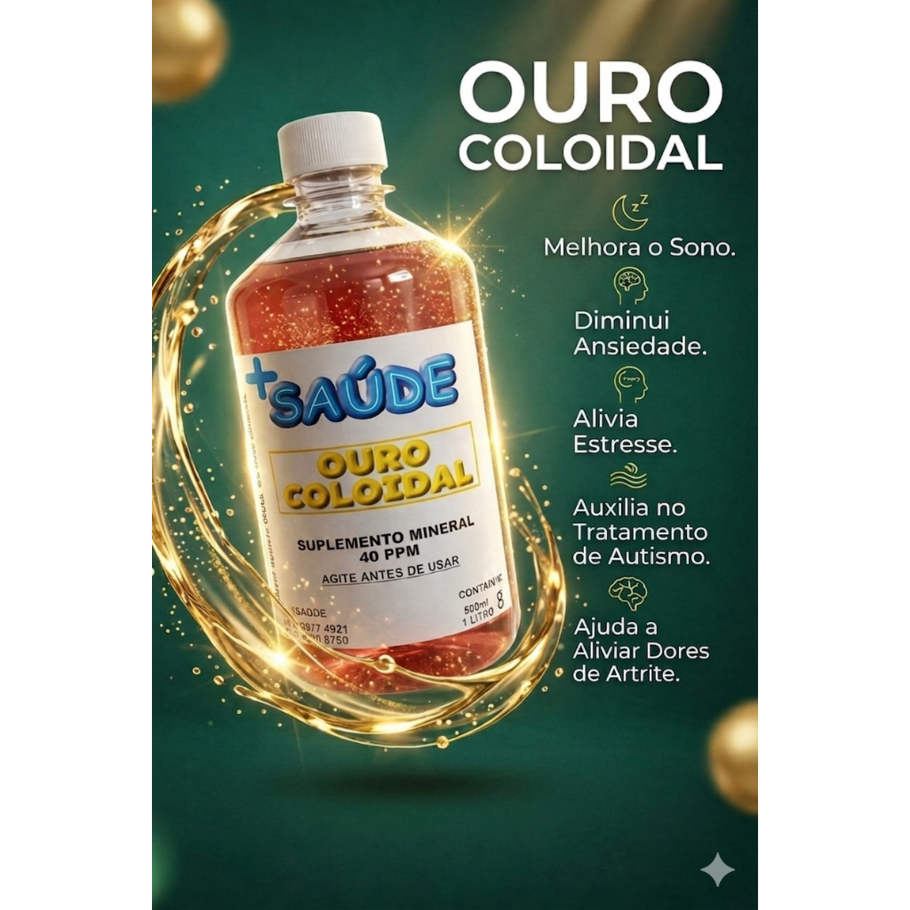 Ouro Coloidal 40 PPM 500ml - GRÁTIS Prata Coloidal 20ppm Spray 100ml