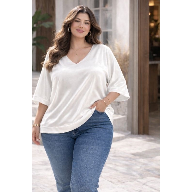 Blusa Feminina Plus Size Duna Decote V Manga Ampla Confortável Elegante