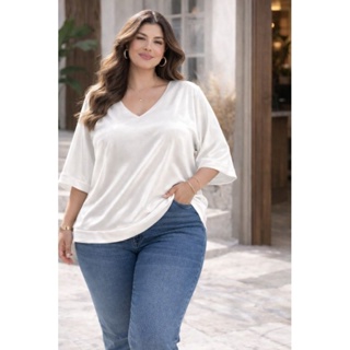 Blusa Feminina Plus Size Duna Decote V Manga Ampla Confortável Elegante em Oferta na Shopee