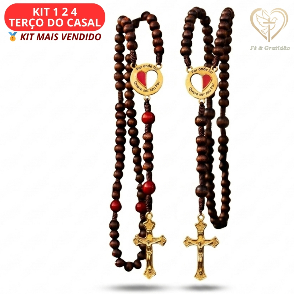 kit 1 2 4 Terço do Casal Católico  Madeira entremeio  Coração Cruz metal "Por Onde For Quero Ser ... em Oferta na Shopee
