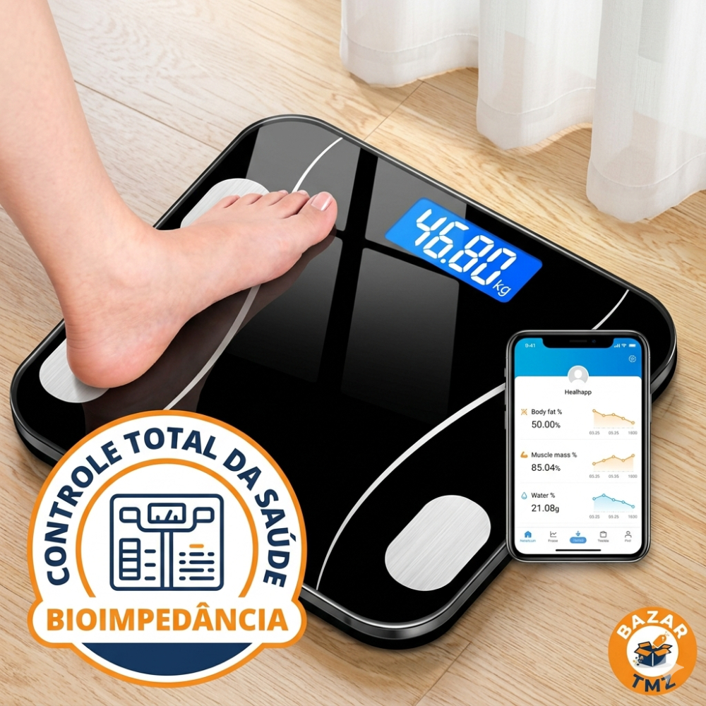 🔥Balança Bioimpedância Bluetooth Digital Inteligente App Celular Corporal Academia Dieta 140kg Preta