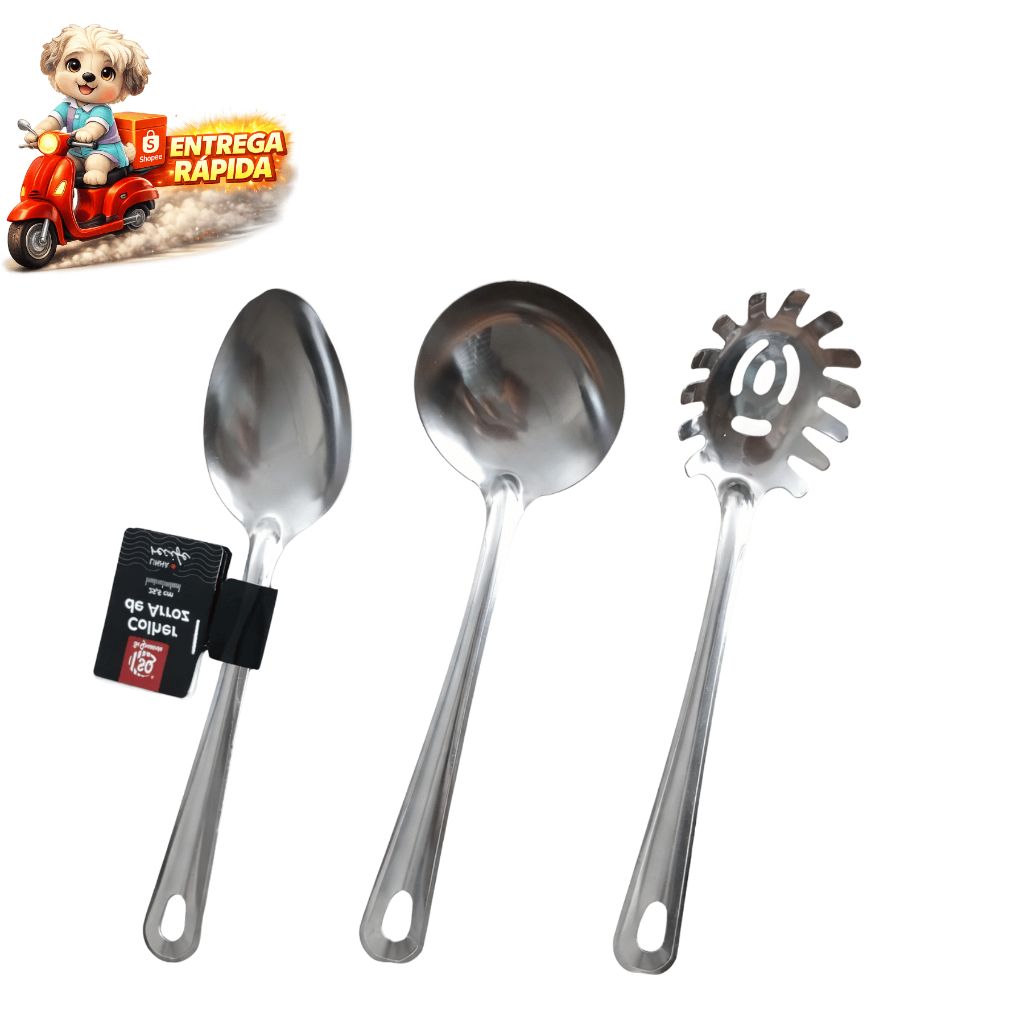 Detalhes do Kit de Utensílios de Cozinha em Aço Inox com Pegador de Massas, Concha e Colher de Arroz Restaurante
