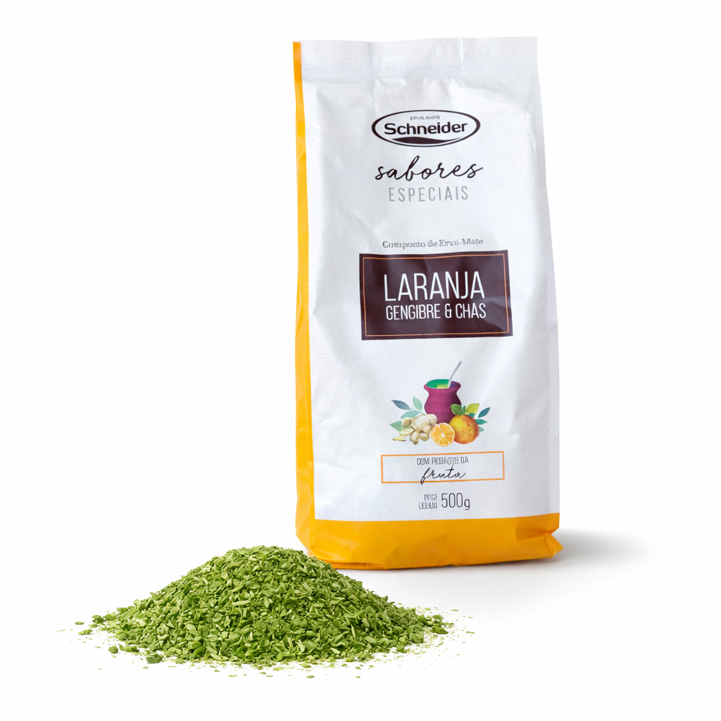 Erva Mate Chimarrão Schneider 500g Laranja Gengibre e Chás com Pedaços da Fruta