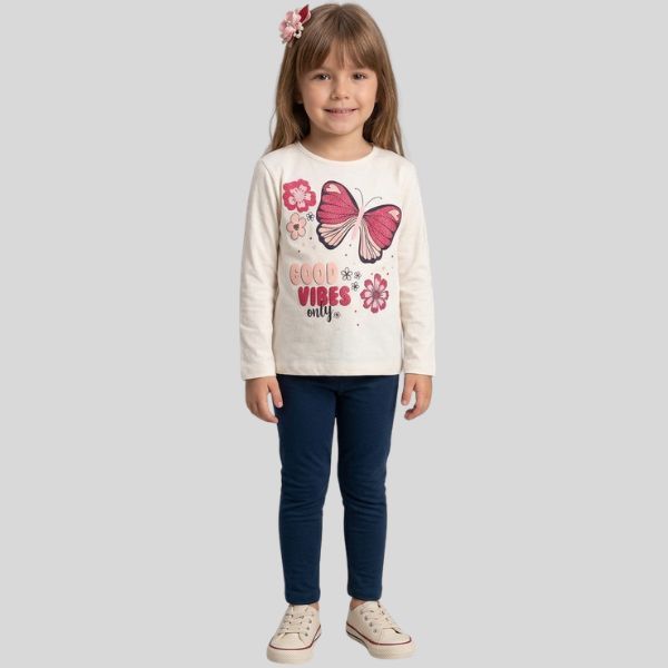 Conjunto Infantil Longo de Menina Estampado Camiseta e Legging Confortável Inverno Meia Estação Borboleta