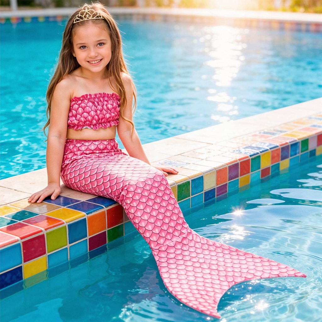Fantasia de Sereia Infantil Rosa de Carnaval Com Cauda e Top