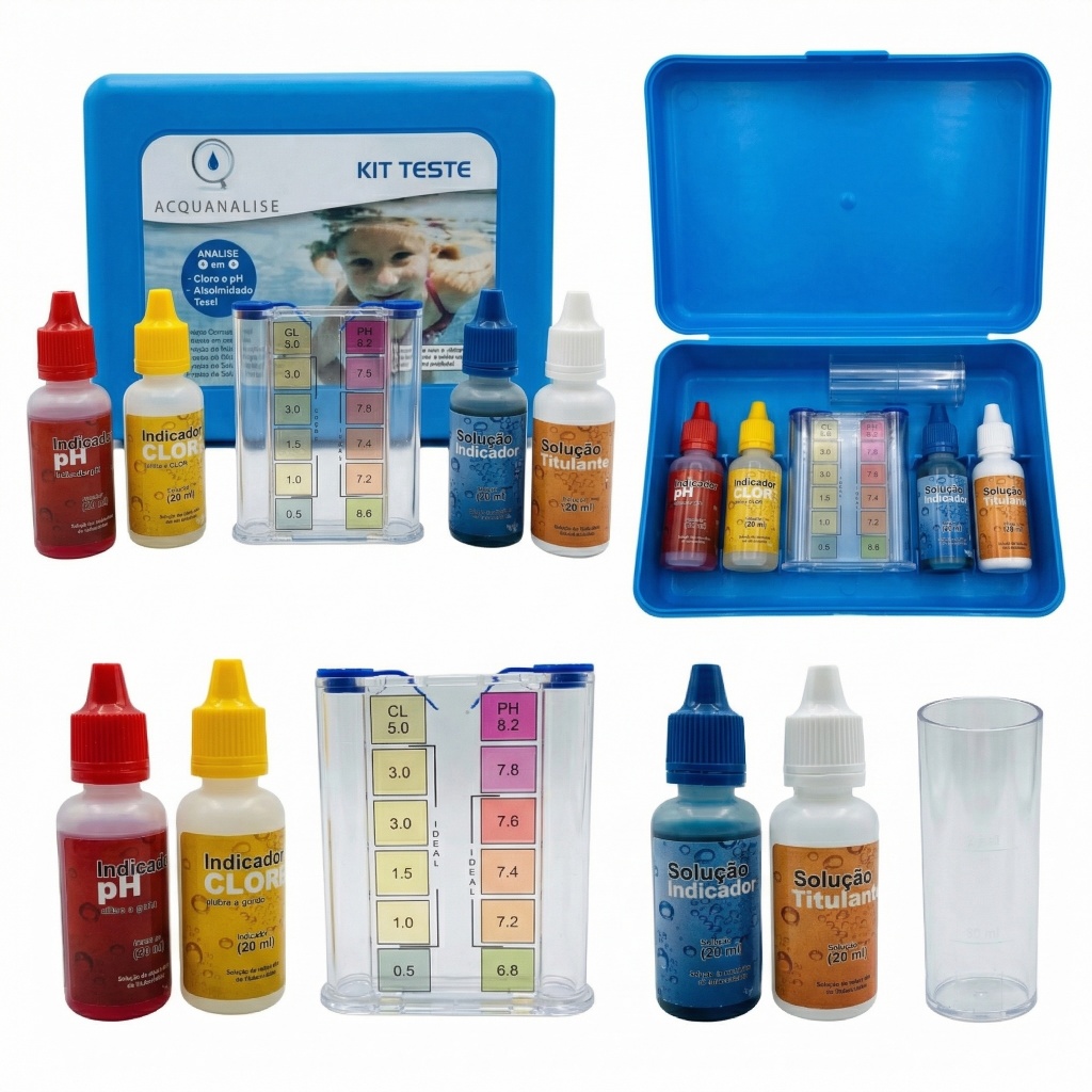 Kit Teste 3 Em 1 Estojo com Reagentes Medidor de Ph Cloro e Alcalinidade Limpeza Água D Piscina Poço