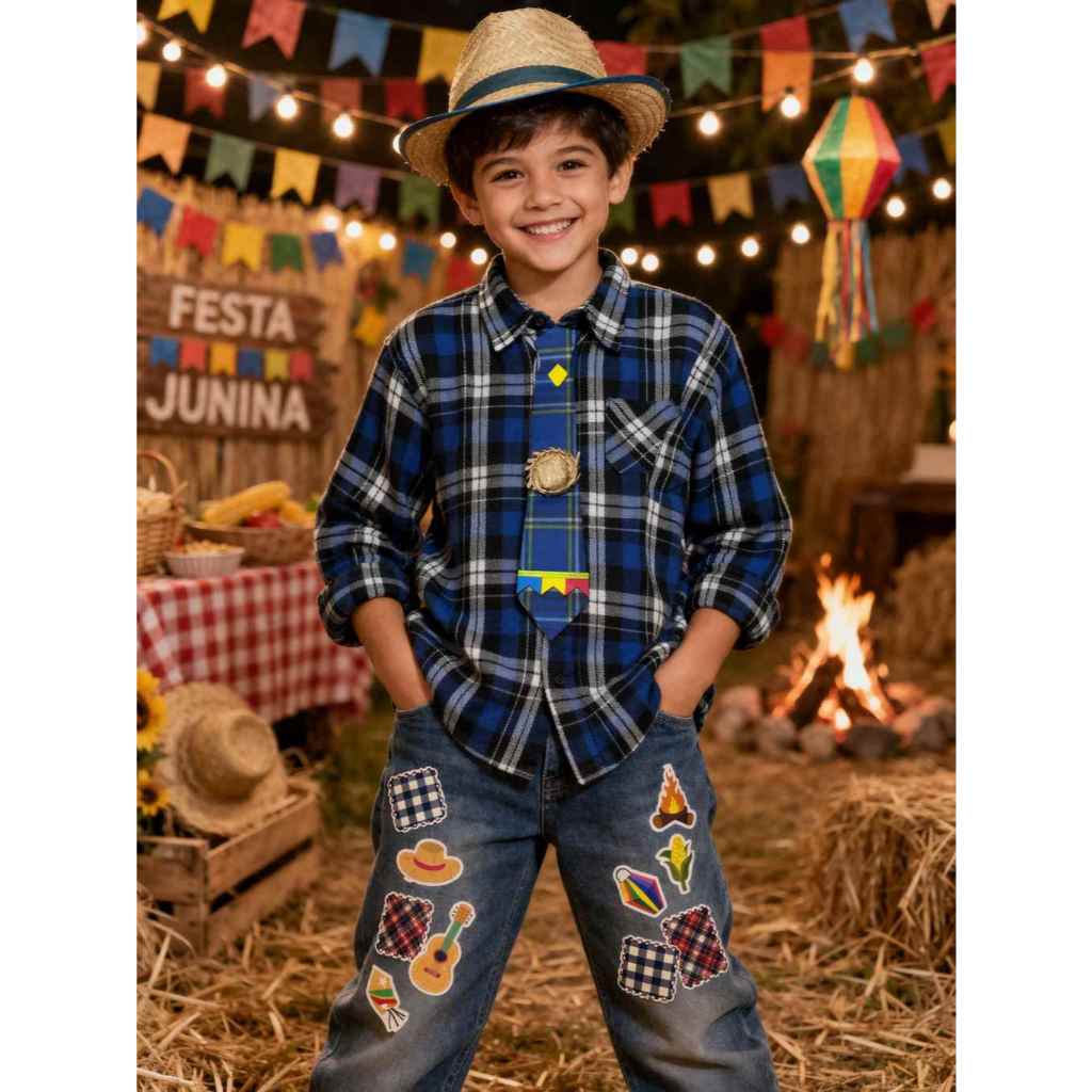 Camisa Xadrez Infantil MENINO FESTA JUNINA SÃO JOÃO LUXO COM CHAPÉU E GRAVATA ENVIO JÁ.