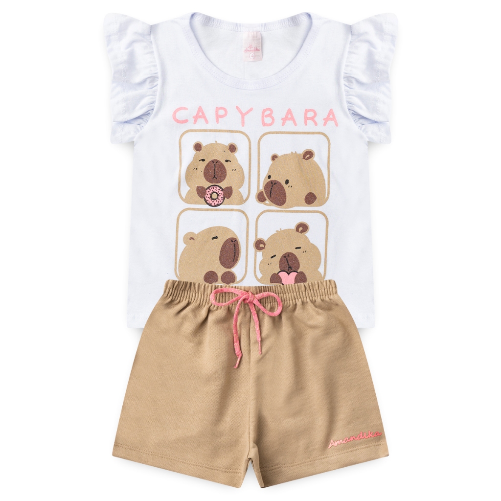 Conjunto Infantil Feminino Verão Algodão Manga Franzida + Shorts Com Elástico Tendência L81