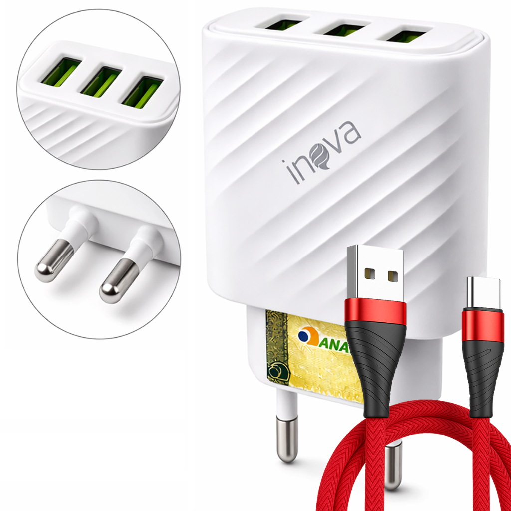 Carregador Celular Fonte USB 3 Entradas Com Cabo Carregador 2 Metros iPhone Android V8 Tipo C